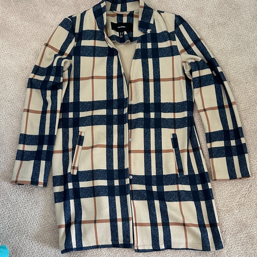 Vero Moda Navy and Tan Check Trench Coat